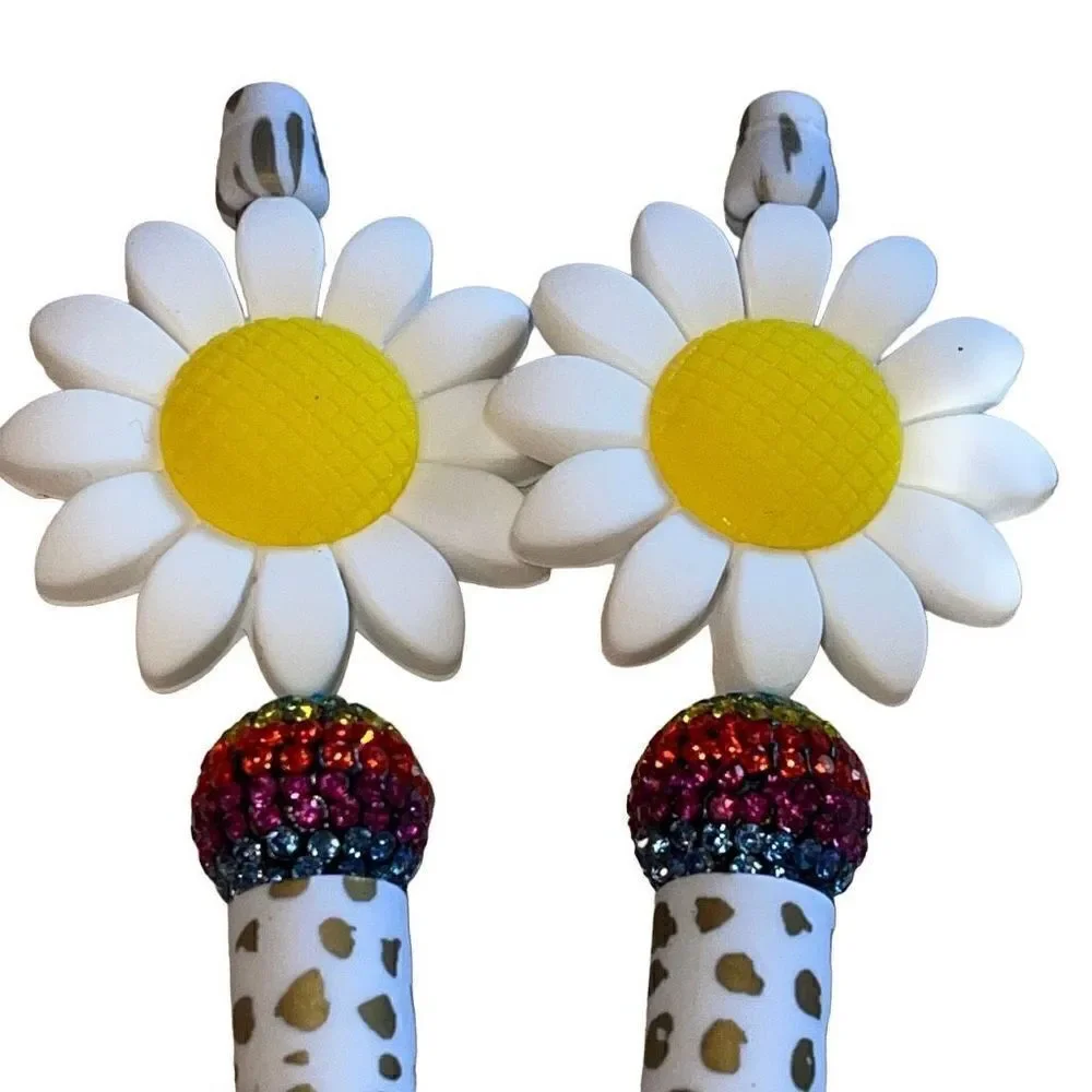 Flower daisy floral beaded writing pen handmade spots animal print rainbow glitt